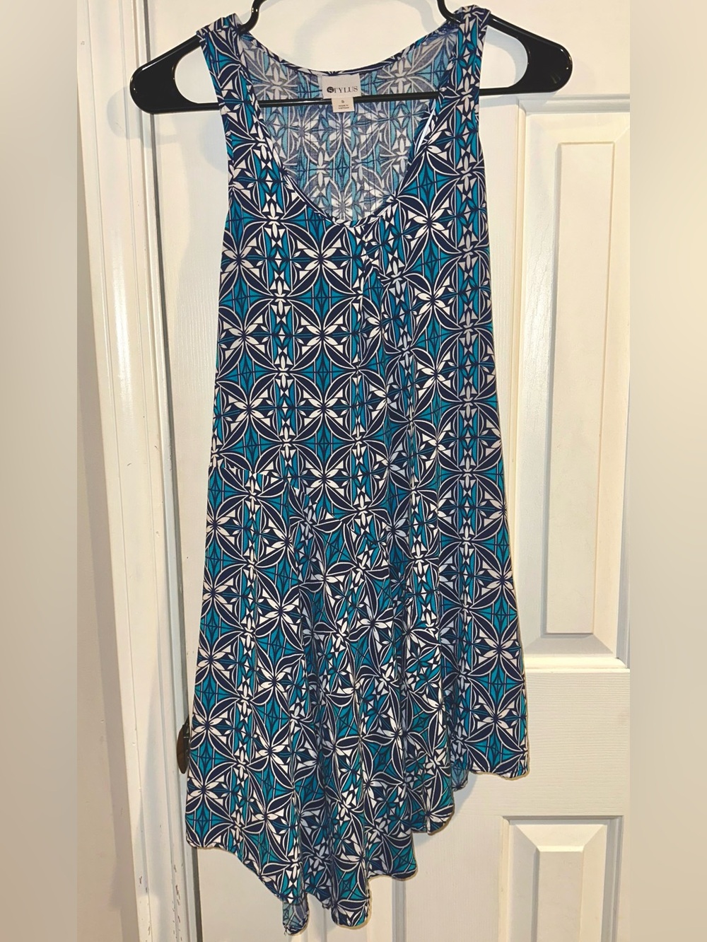 STYLUS Geometric Print Sleeveless Asymmetrical Dress in Teal & Navy - Size Small